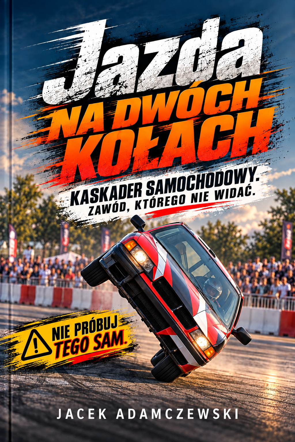 Projekt okładki książki Jazda na dwóch kołach Jacka Adamczewskiego — samochód jadący na dwóch kołach